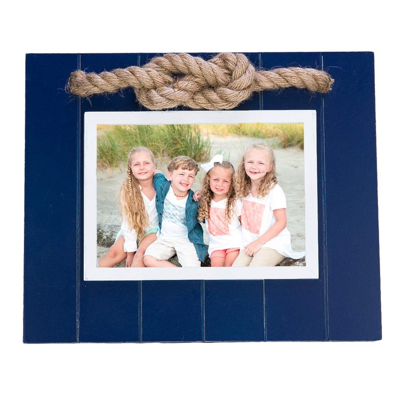 Beachcombers Navy Picture Photo Frame 5"X7" With Jute Rope Accent Wood Coastal Nautical Home Decor Decoration For Tabletop Display Wall Blue - Image 1